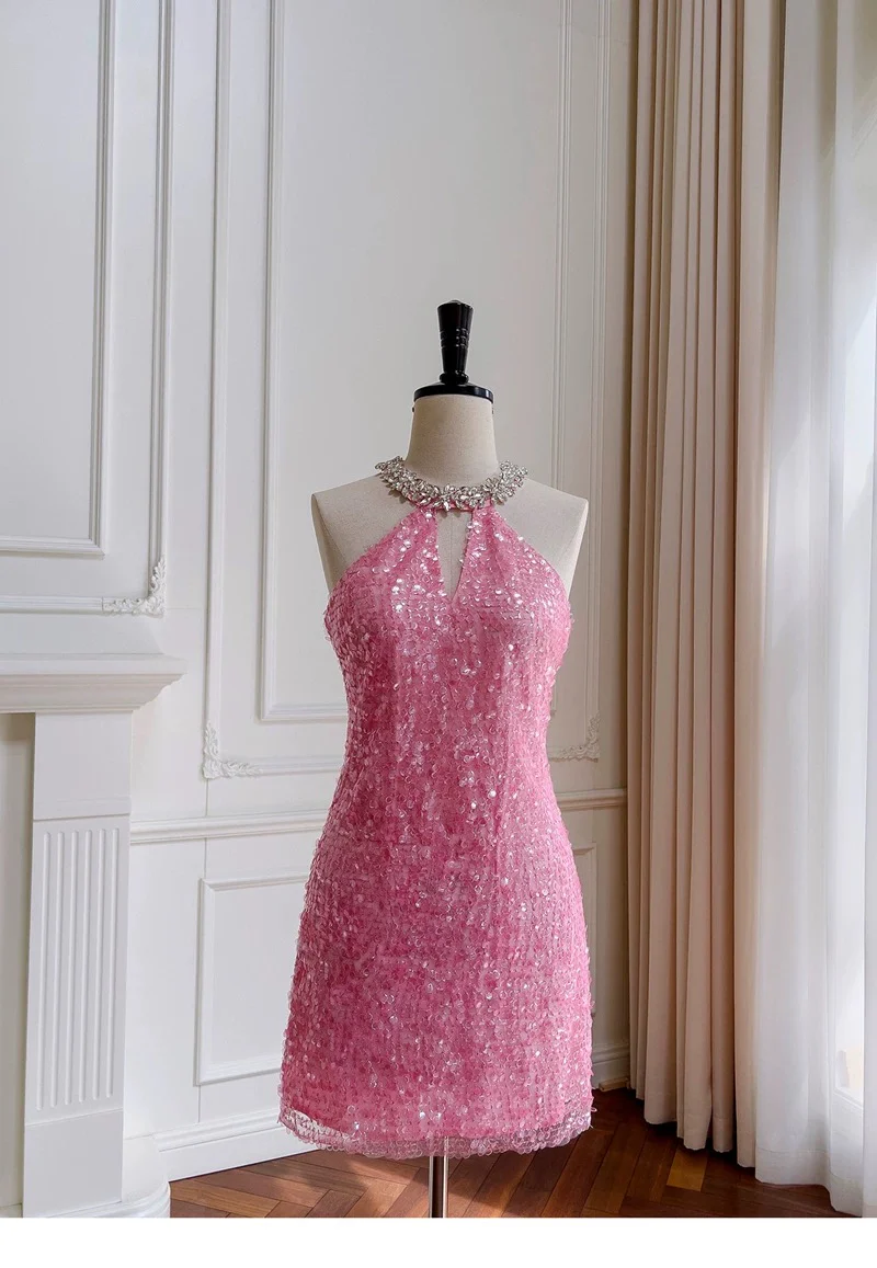 Cute Sheath High Neck Pink Sequin Formal Short 8th Grade Homecoming Dress Summer Middle School Hoco Dresses Birthday Outfits W985 - Deanwangkt