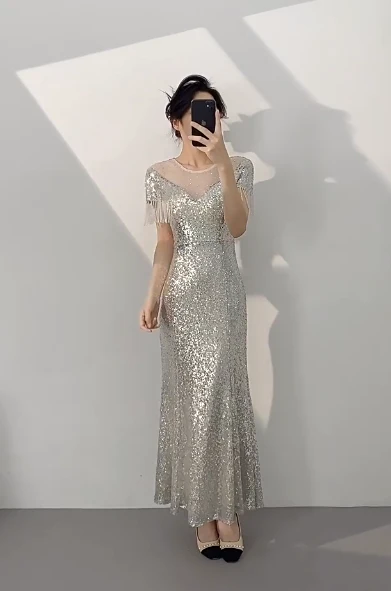 Elegant Silver Jewel Sheath Mother of the Bride Dress Sequined Formal Evening Gown  DP2962 - Deanwangkt
