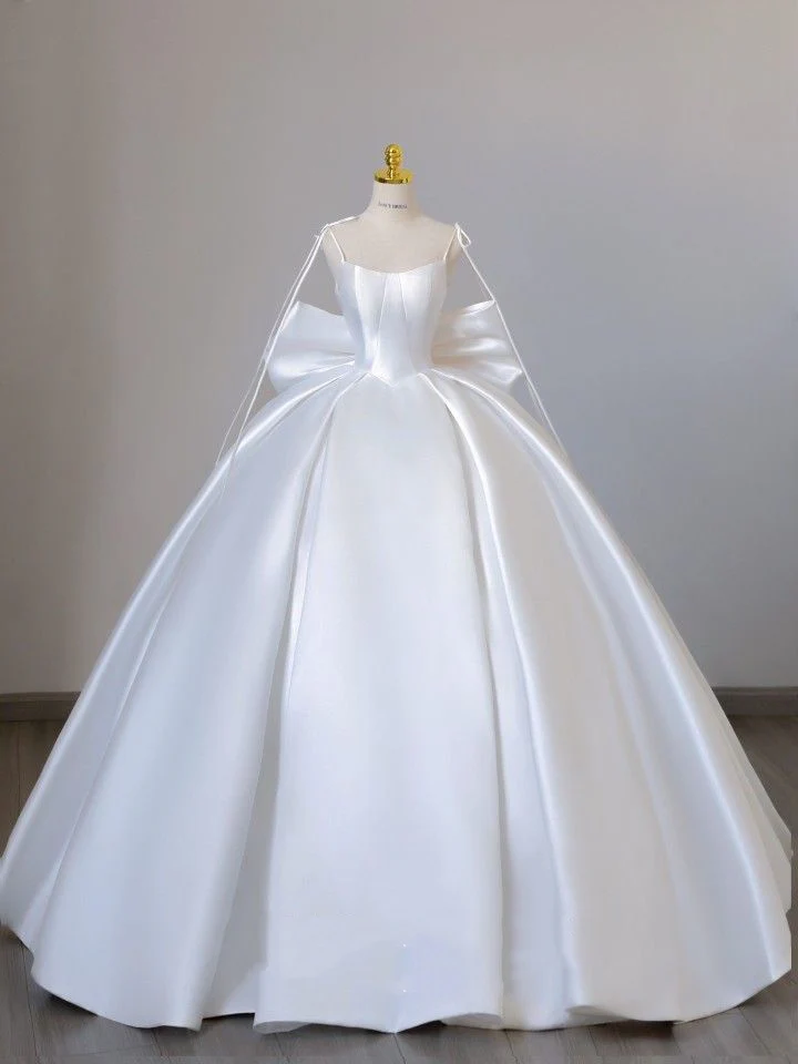 Modest Bridal Dress Ball Gown Spaghetti Straps Sleeveless Satin White Wedding Dresses Elegant Bridal Gowns DH919 - Deanwangkt