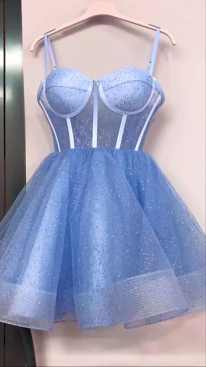 Vintage Ball Gown Spaghetti Straps Blue Sequin Formal 8th Grade Homecoming Dresses Middle School Hoco Dress 6th Grade Graduation Outfits DH337 - Deanwangkt