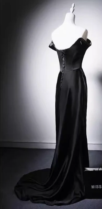 Modest Black Mermaid Evening Gowns Off-the-shoulder Satin Long Prom Dress Elegant 22nd Birthday Dress DH2744 - Deanwangkt