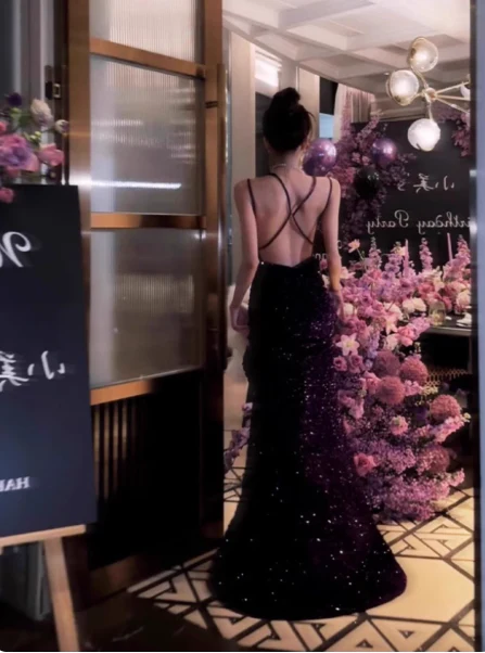 Stunning Mermaid Spaghetti Strap Evening Gown Dark Purple Open Back Formal Dress Sequins Long Prom Dress DP2795 - Deanwangkt