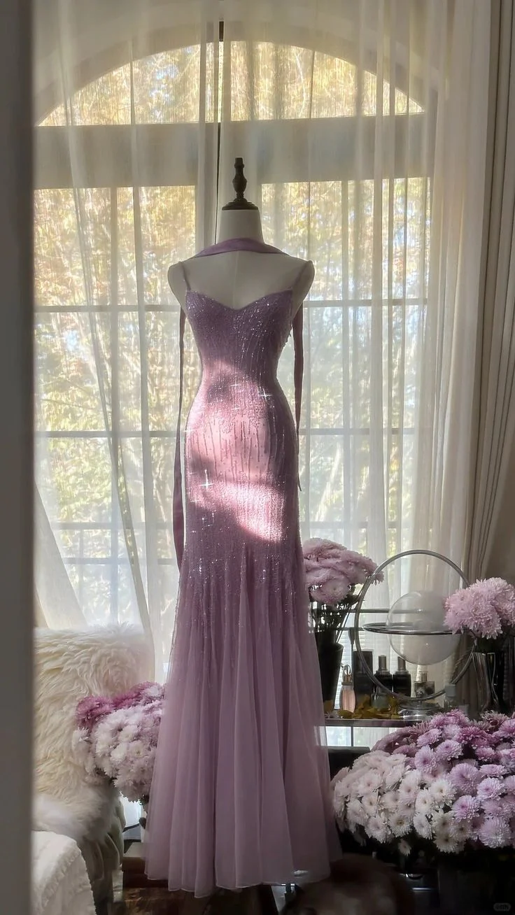 Sexy Mermaid Spaghetti Straps Purple Elegant Tulle Sequin Prom Dresses P0001 - Deanwangkt