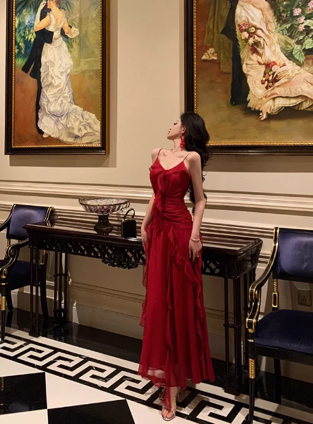 Classy A line Spaghetti Straps Red Sleeveless 18th Birthday Dress Party Gown 21st Birthday Outfits Birthday Dress Ideas For Women DP564 - Deanwangkt