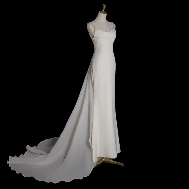 Simple White Mermaid Straps Pearls Wedding Dress Summer Wedding Dress DP616 - Deanwangkt