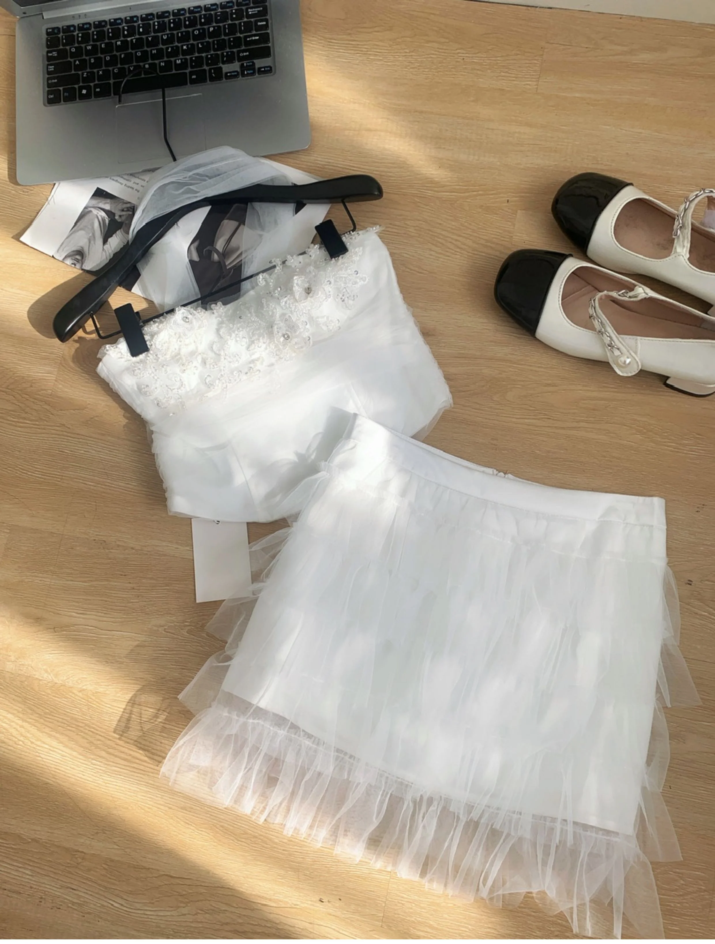 Cute Spaghetti Straps Pink Ruffles Tulle Summer Dress 2 Pieces Holiday Party Outfits For Women DP0094 - Deanwangkt