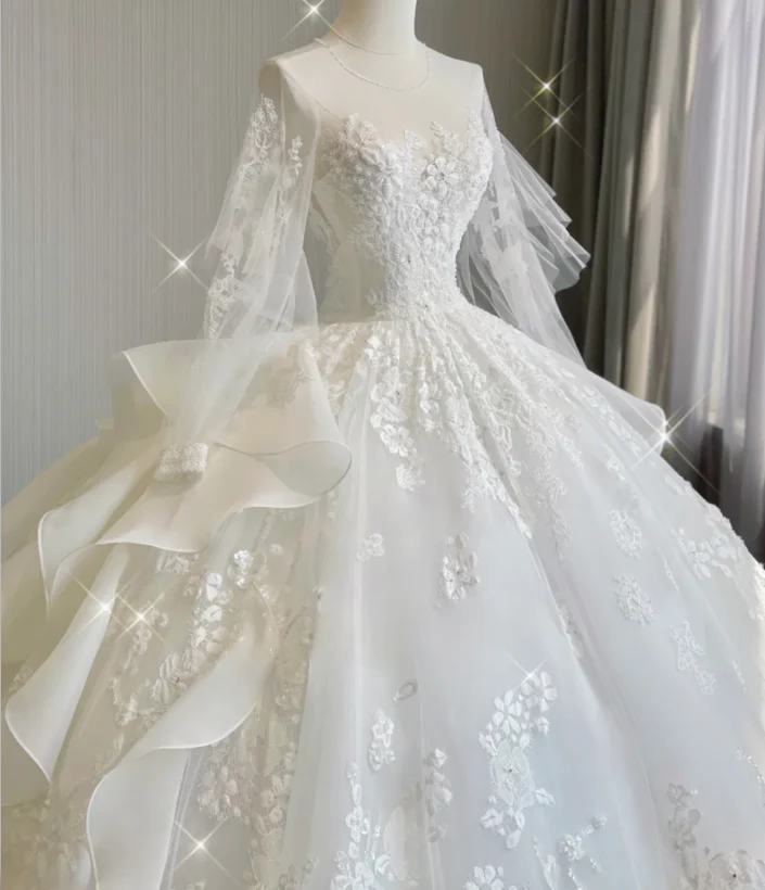 Unique Ball Gown Scoop Neckline Lace Long Sleeves White Wedding Dresses Brides Dress DP419 - Deanwangkt