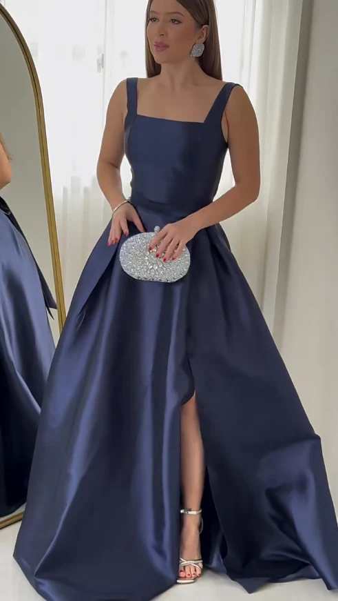 Elegant A-Line Navy Blue Long Prom Dresses Satin Sleeveless Navy Blue Bridal Mother of Bride Dresses DP3936 - Deanwangkt