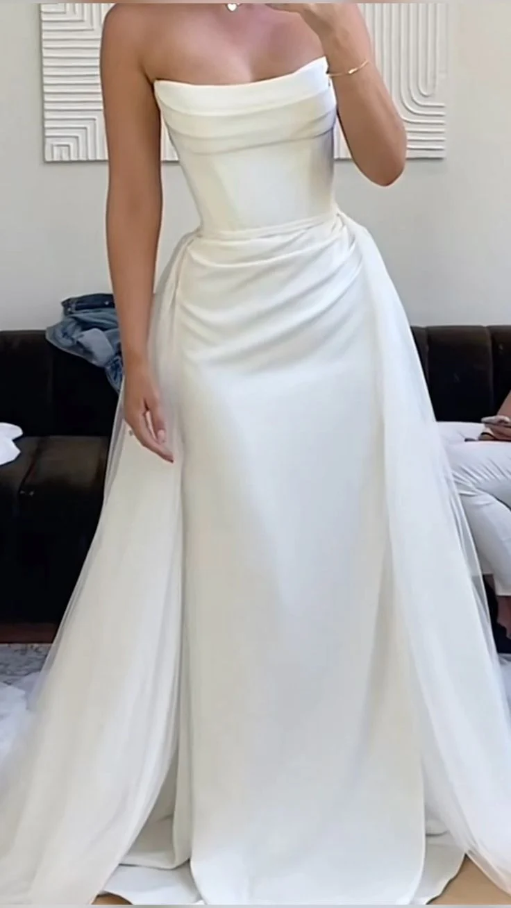 Vintage Bridal Gown Sheath Strapless White Satin Long Wedding Dresses Minimalist Bridal Gowns DP1213 - Deanwangkt