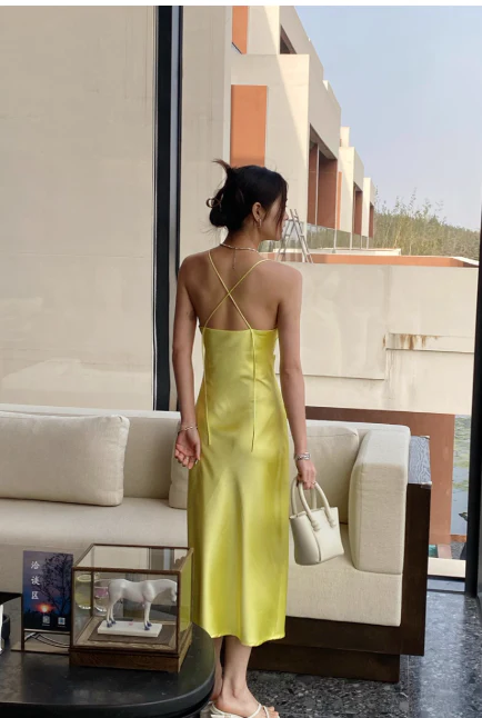 Elegant Yellow Spaghetti Strap Sheath 18th Birthday Outfit Satin Backless Formal Dress Modest Party Dress DH2749 - Deanwangkt