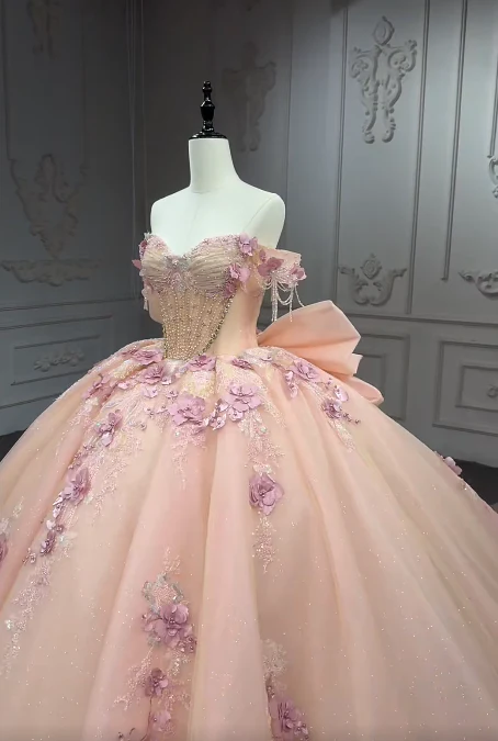 Fairy Off-the-Shoulder Ball Gown Long Prom Dresses Tulle Appliques Orange Pink Quinceanera Dresses Beading Sweet 16 Dresses DP3691 - Deanwangkt