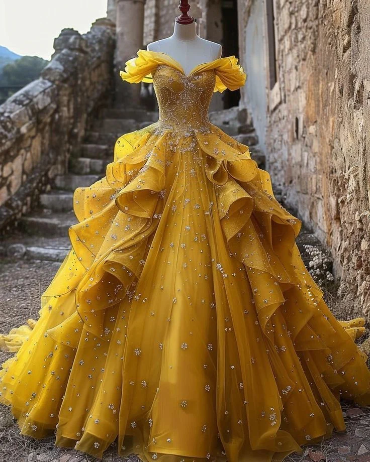 Pretty Ball Gown Off The Shoulder Yellow Beaded Tulle Long Quinceanera Dress Formal Short Sleeves Flowers Vestido De 15 Anos W0279 - Deanwangkt
