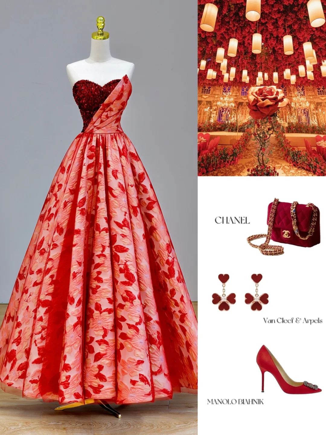 Elegant Glamour Ball Gown Sweetheart Tulle Red Floral 21st Birthday Dresses Evening Gown Birthday Outfits Evening Dress For Women DP1588 - Deanwangkt