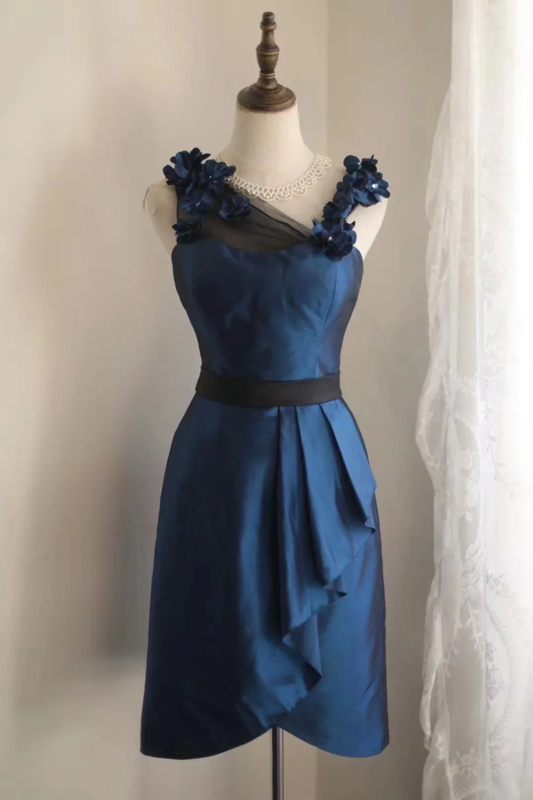 Vintage A Line Navy Blue Satin Flowers Mini Short Formal 8th Grade Homecoming Dresses Summer Middle School Hoco Dress 18th Birthday Outfits DH1310 - Deanwangkt