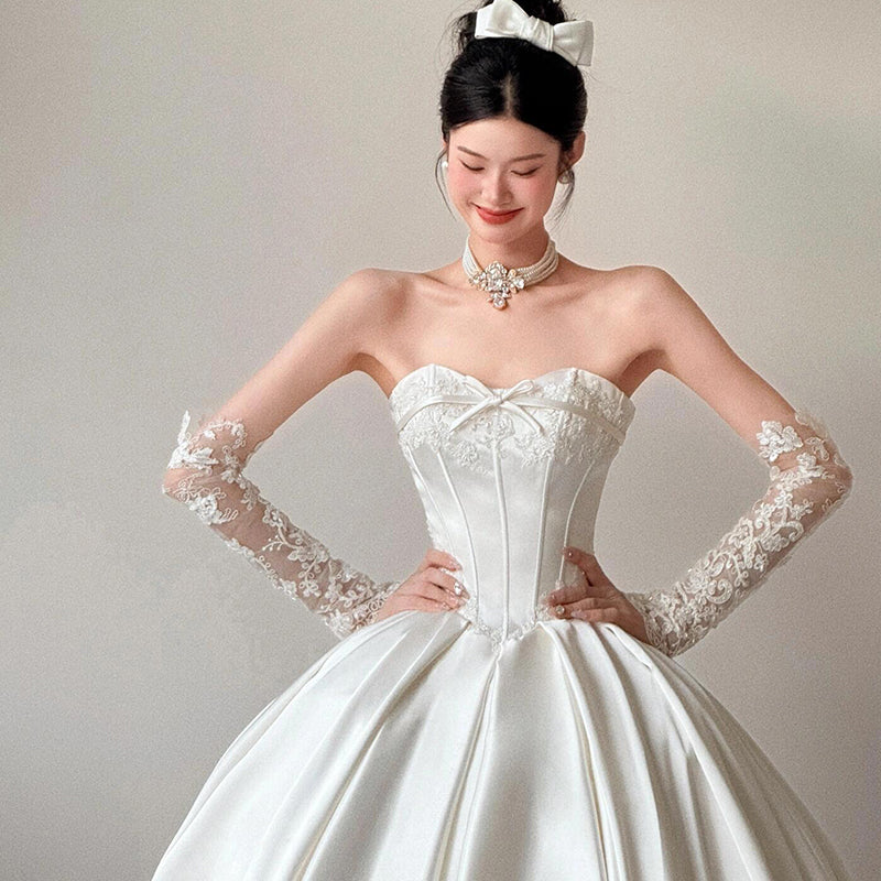 Classy Elegant Wedding Dress Ball Gown Strapless Satin Lace Long Wedding Dresses Bridal Gowns DH748 - Deanwangkt