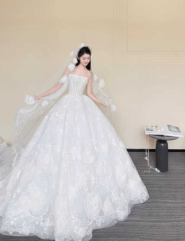 Timeless Strapless A-Line Tulle Applique Wedding Dress, White Sleeveless Bridal Dresses DP3115 - Deanwangkt