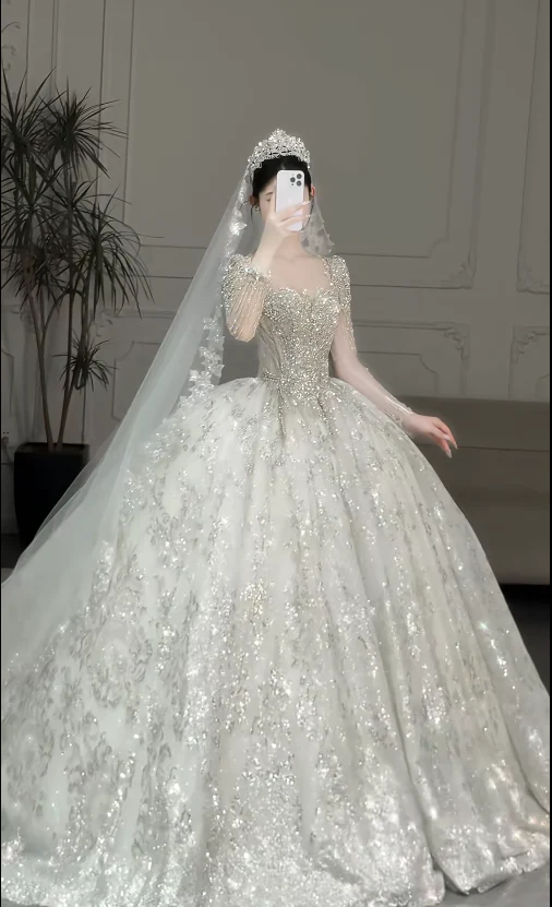 Gorgeous Square Neck Ball Gown Tulle Long Wedding Dresses Beaded White Bridal Gowns Long Sleeve Bridal Dresses DP3743 - Deanwangkt