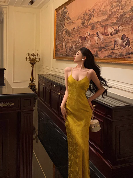 Pretty Mermaid Spaghetti Straps Yellow Satin 18th Birthday Dress Party Birthday Outfits For Womens DP0169 - Deanwangkt