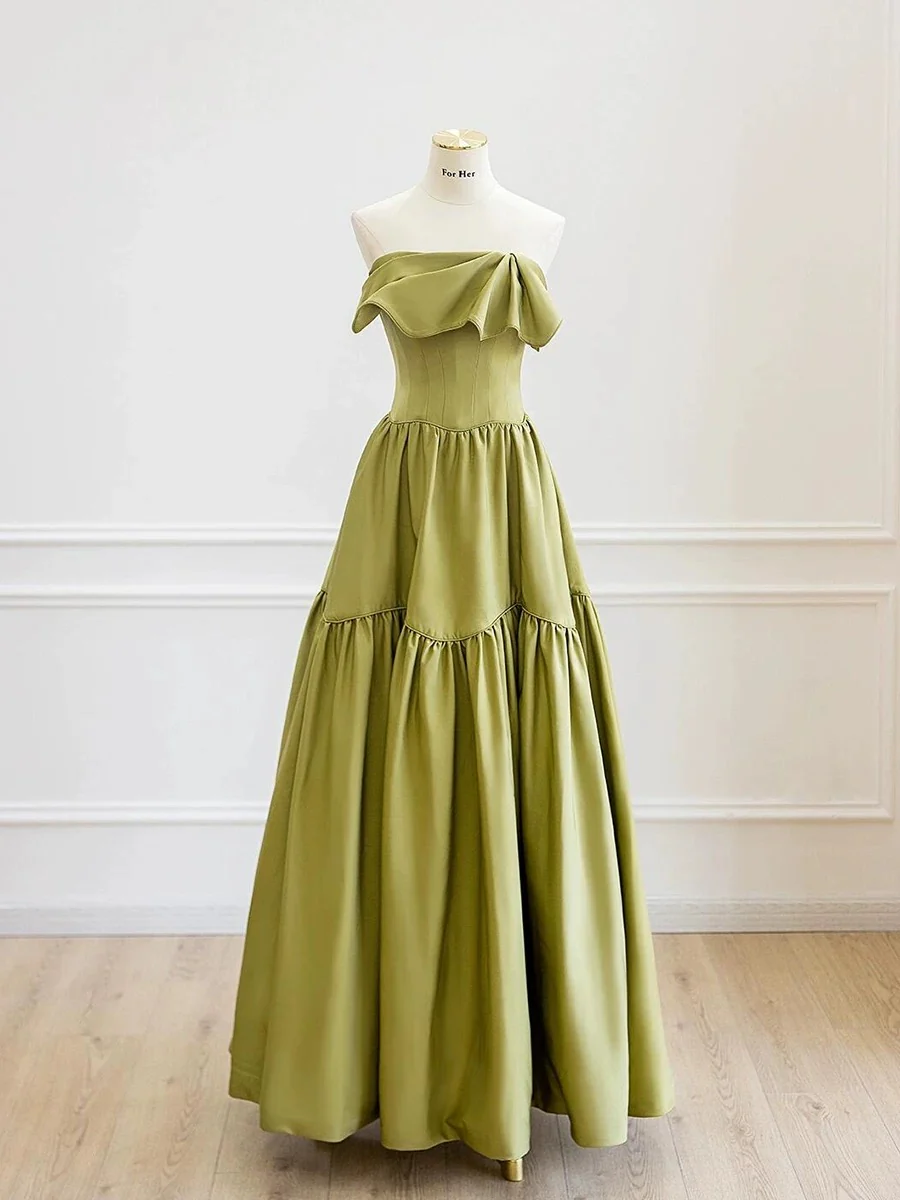 Classy Ball Gown Strapless Satin Olive Green Evening Dress Long Prom Dresses H2870 - Deanwangkt