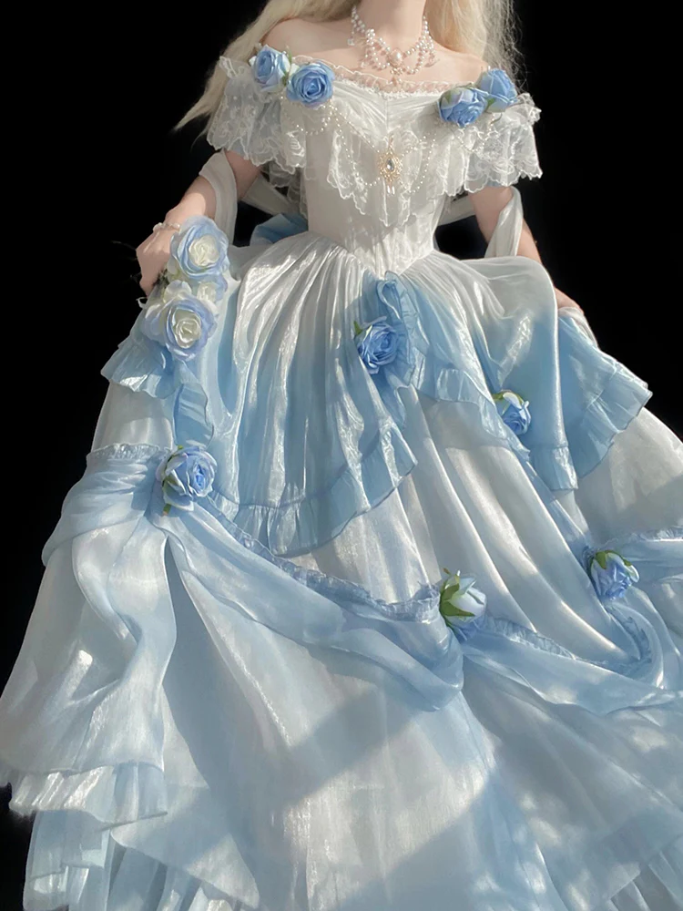 Vintage Ball Gown Off The Shoulder Short Sleeves 16th Blue Birthday Dress Lolita Summer Dress Birthday Outfits W1126 - Deanwangkt