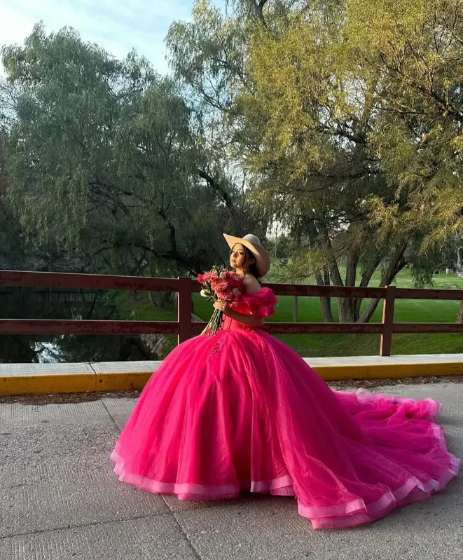 Cute Off-the-shoulder Ball Gown Tulle Long Prom Dresses Fuchsia Quinceanera Dresses estido De 15 Anos Sweet 16 Dress DP3261 - Deanwangkt