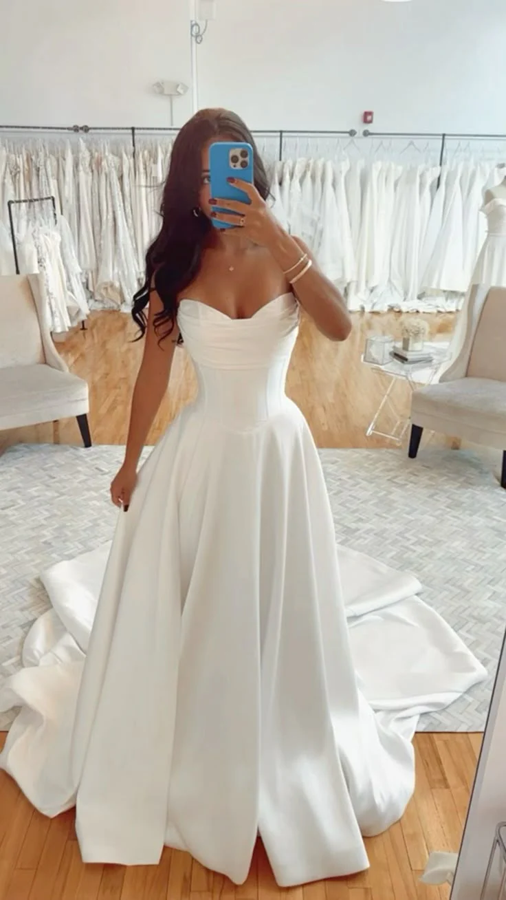 Unique Bridal Gown A Line Sweetheart Neck Satin Sleeveless Pleated Wedding Dresses Modest Bridal Gowns DH944 - Deanwangkt