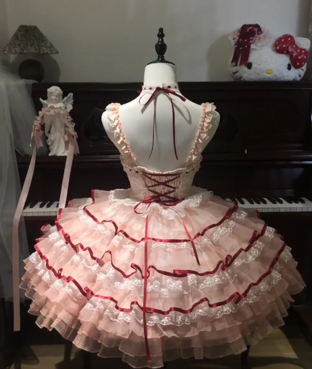 Sweet Spaghetti Strap Ball Gown Lace Tulle Birthday Dresses Red Lolita Dresses DP3057 - Deanwangkt