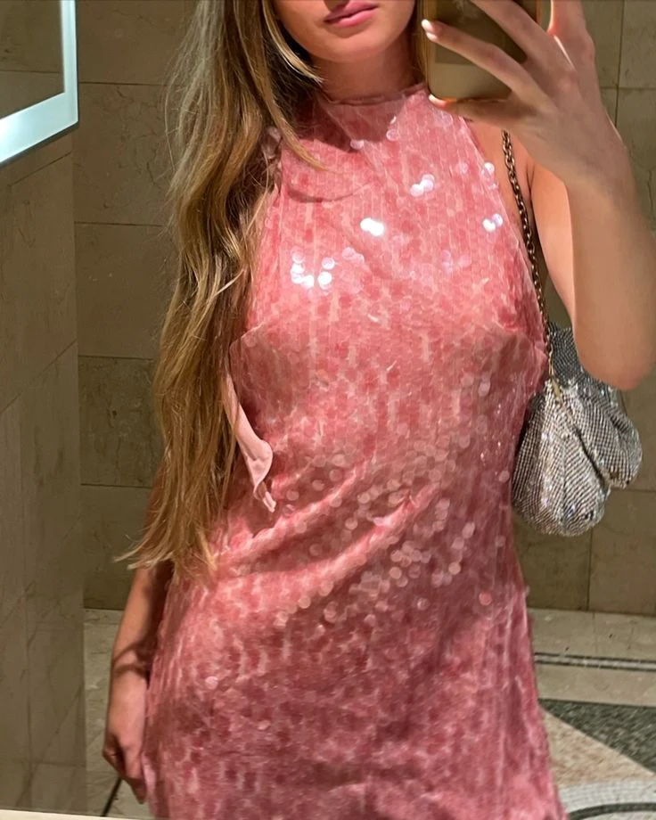 Modest A Line High Neck Pink Sequin Formal Homecoming Dresses 18th Birthday Outfits Graduation Dress Short Mini Hoco Dresses DH2522 - Deanwangkt