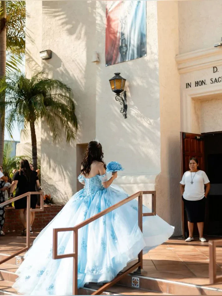 Modest Ball Gown Off The Shoulder Blue Tulle Lace Long Quinceanera Dress Formal Gowns Vestido De 15 Anos Sweet 16 Dress H1854 - Deanwangkt