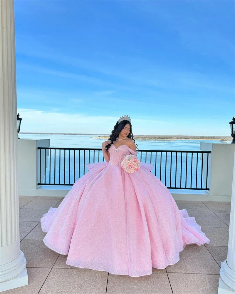 Pretty Ball Gown Off The Shoulder Pink Tulle Long Quinceanera Dress Formal Gowns Vestido De 15 Anos Sweet 16 Dress DH1841 - Deanwangkt