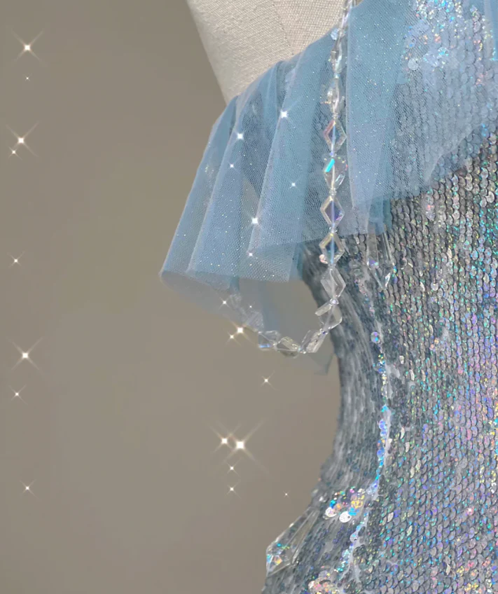 Pretty Mermaid Strapless Blue Sequin Long Silver Prom Dresses Evening Dresses DP450 - Deanwangkt