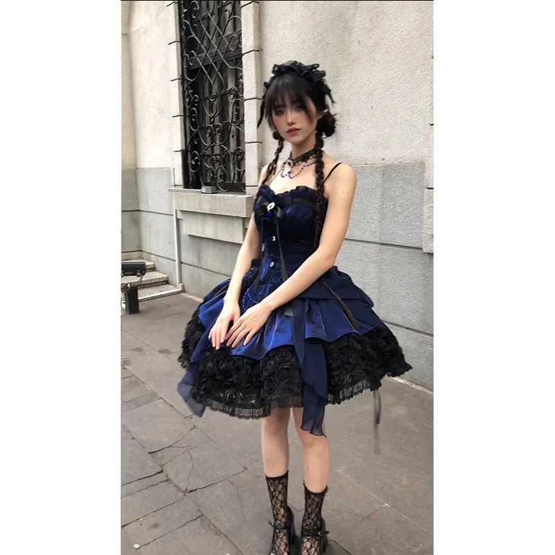 Vintage Ball Gown Spaghetti Straps Royal Blue Lace Summer 16th Birthday Dress Lolita Dress Mini 18th Birthday Outfits Short Lolita Outfit DH2412 - Deanwangkt