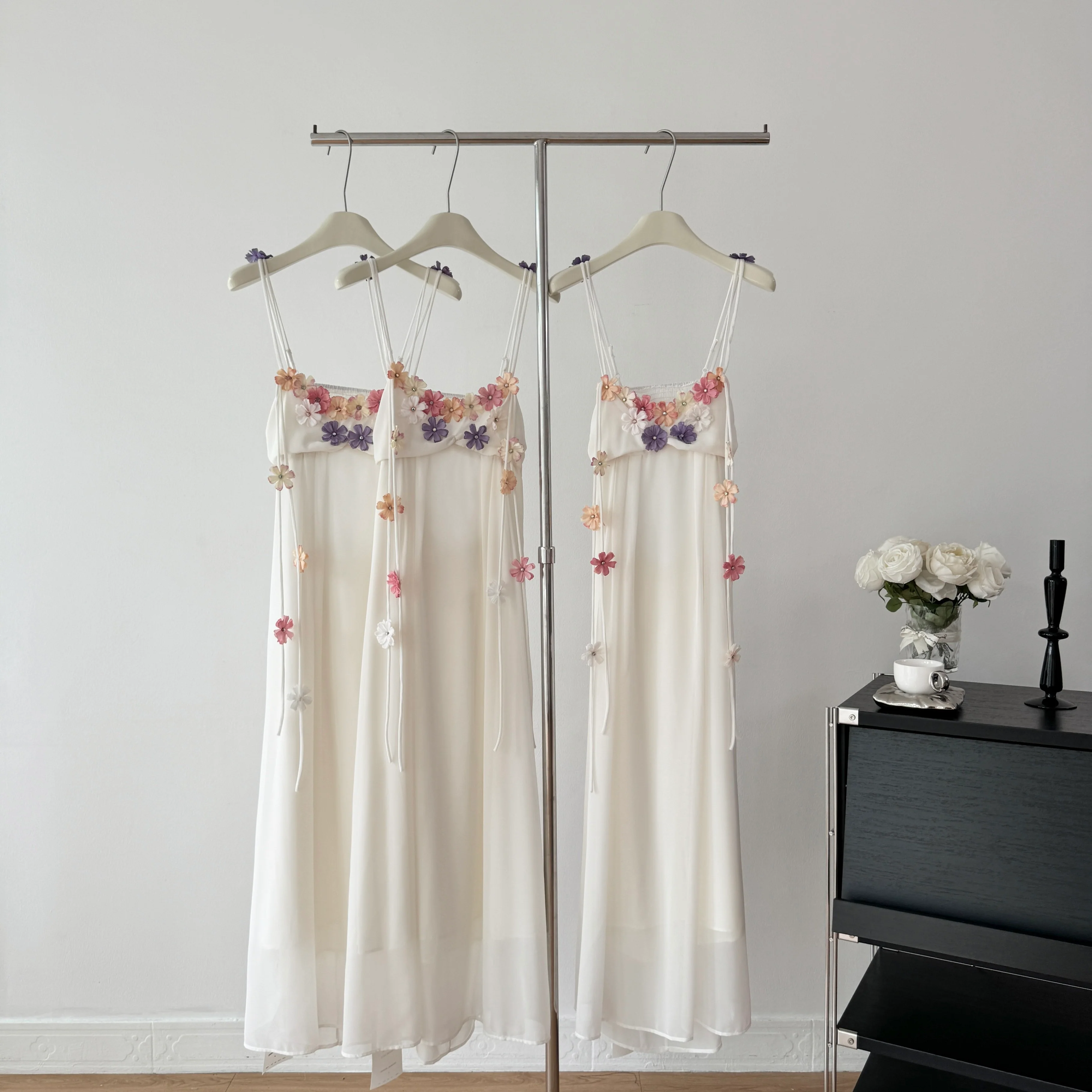 Cute A Line Spaghetti Straps Floral White Chiffon Summer Dress Holiday Party Outfits For Girls DP0130 - Deanwangkt