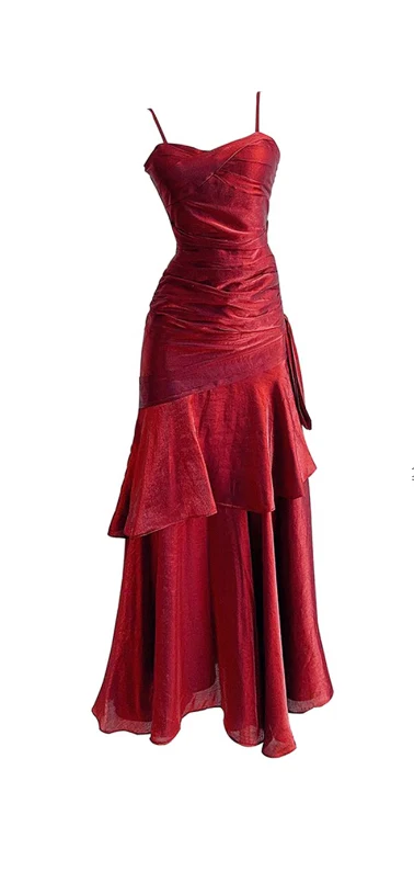 Modest Mermaid Spaghetti Straps Sleeveless Maroon Red Long Prom Gown Prom Dresses DP237 - Deanwangkt