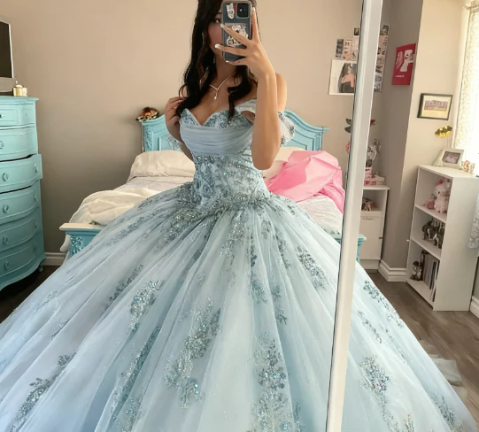 Modest Ball Gown Off The Shoulder Blue Tulle Lace Long Quinceanera Dress Formal Gowns Vestido De 15 Anos Sweet 16 Dress H1854 - Deanwangkt