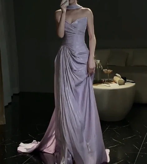 Elegant Sheath Sweetheart Neck Long Evening Gowns Purple Chiffon Special Formal Dresses Pleated Slits Prom Dresses DP2783 - Deanwangkt