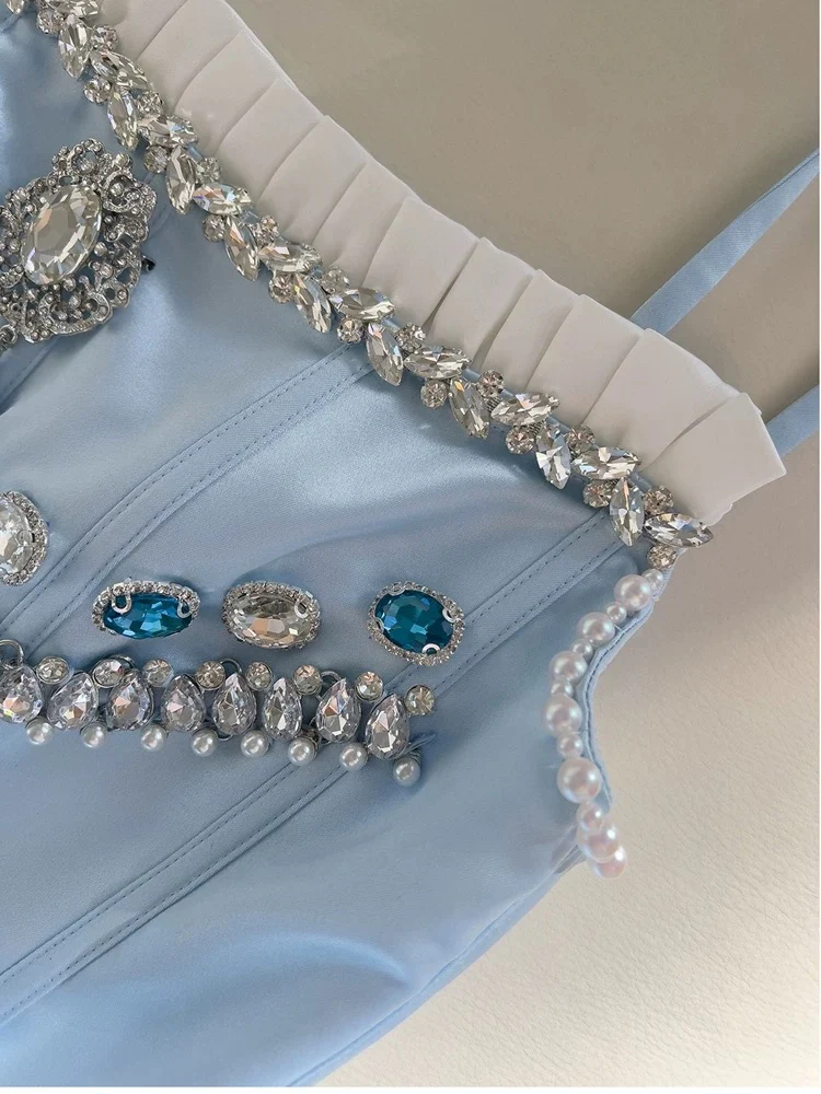 Trendy Ball Gown Spaghetti Straps Blue Satin Sleeveless Formal Short 8th Grade Homecoming Dress Summer Middle School Hoco Dresses Cocktail Dress Birthday Outfits W940 - Deanwangkt