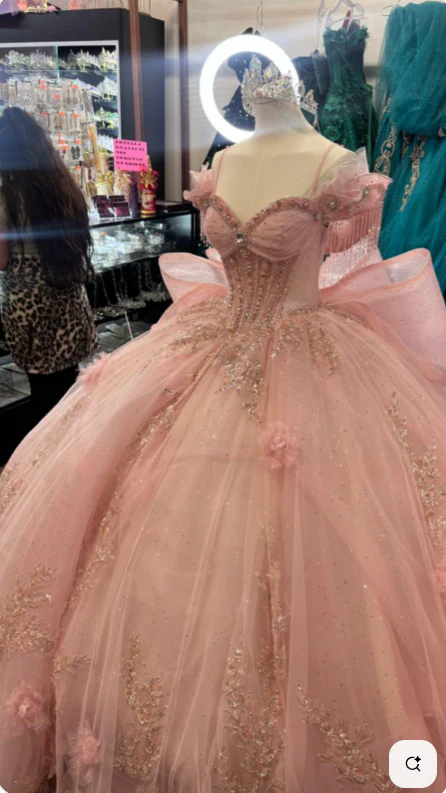 Princess Ball Gown Off The Shoulder Straps Pink Tulle Long Quinceanera Dress Formal Gowns Vestido De 15 Anos Sweet 16 Dress DH1857 - Deanwangkt