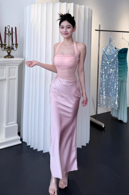 Elegant Halter Sheath Satin Long Evening Dresses, Pink Formal Dresses DP3146 - Deanwangkt