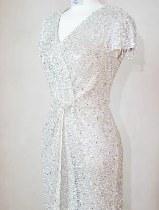 Elegant V neck Sheath Evening Dresses Net Sequin Silver Mother of the Bride Dress DP3266 - Deanwangkt