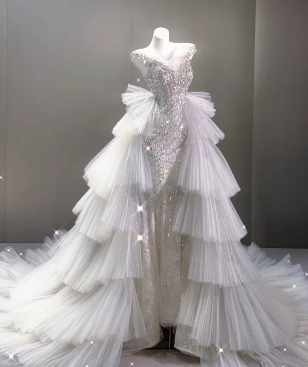 Elegant Mermaid Scoop Neckline Sequin Wedding Dresses Long Brides Dress P0017 - Deanwangkt