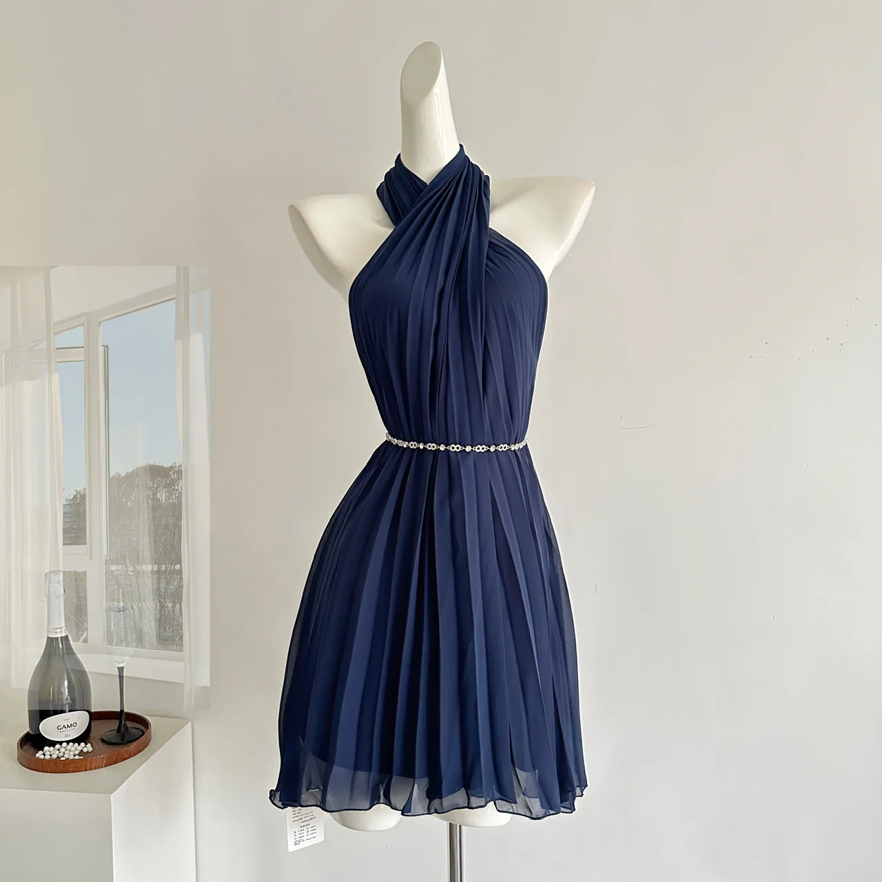 Sexy A line Halter Neckline Pink Short Chiffon Summer Dress Holiday Party Outfits For Women DP0119 - Deanwangkt