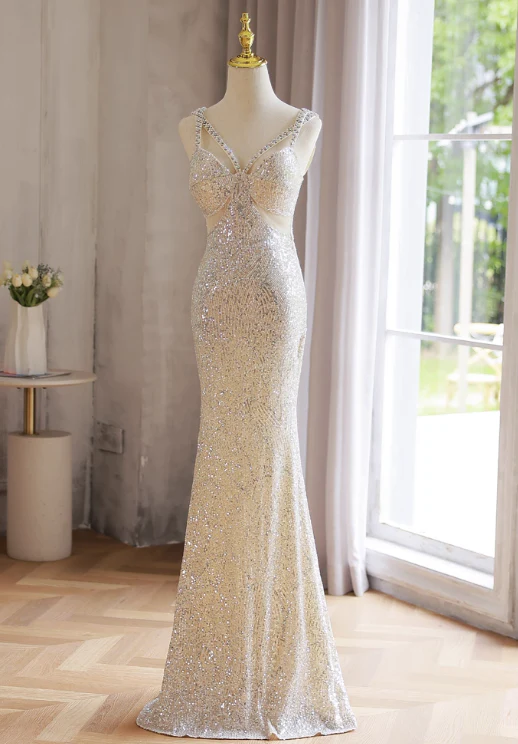 Sparkly Light Champagne V-neck Formal Dress Beaded Sequin Mermaid Evening Gown Modest Long Prom Dresses DH2702 - Deanwangkt