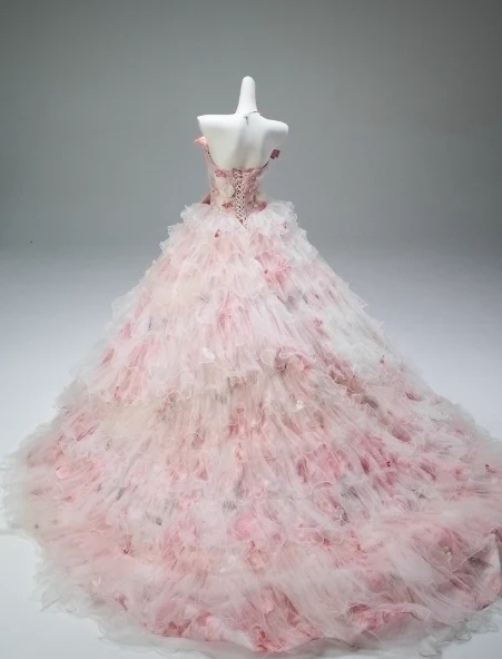 Stunning Off-the-Shoulder Ball Gown Tiered Tulle Flower Long Quinceanera Dress Pink Formal Gowns Vestido De 15 Anos Sweet 16 Dress DP2848 - Deanwangkt