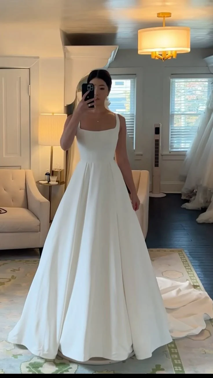 Unique Bridal Dress Ball Gown Square Neck Satin White Long Wedding Dresses Simple Bride Dress Bridal Gowns DH1428 - Deanwangkt