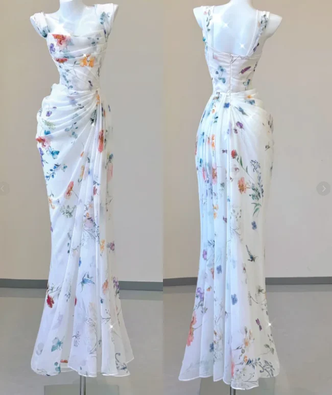 Classy Mermaid Square Neckline Floral Chiffon White Long Prom Dresses P0007 - Deanwangkt
