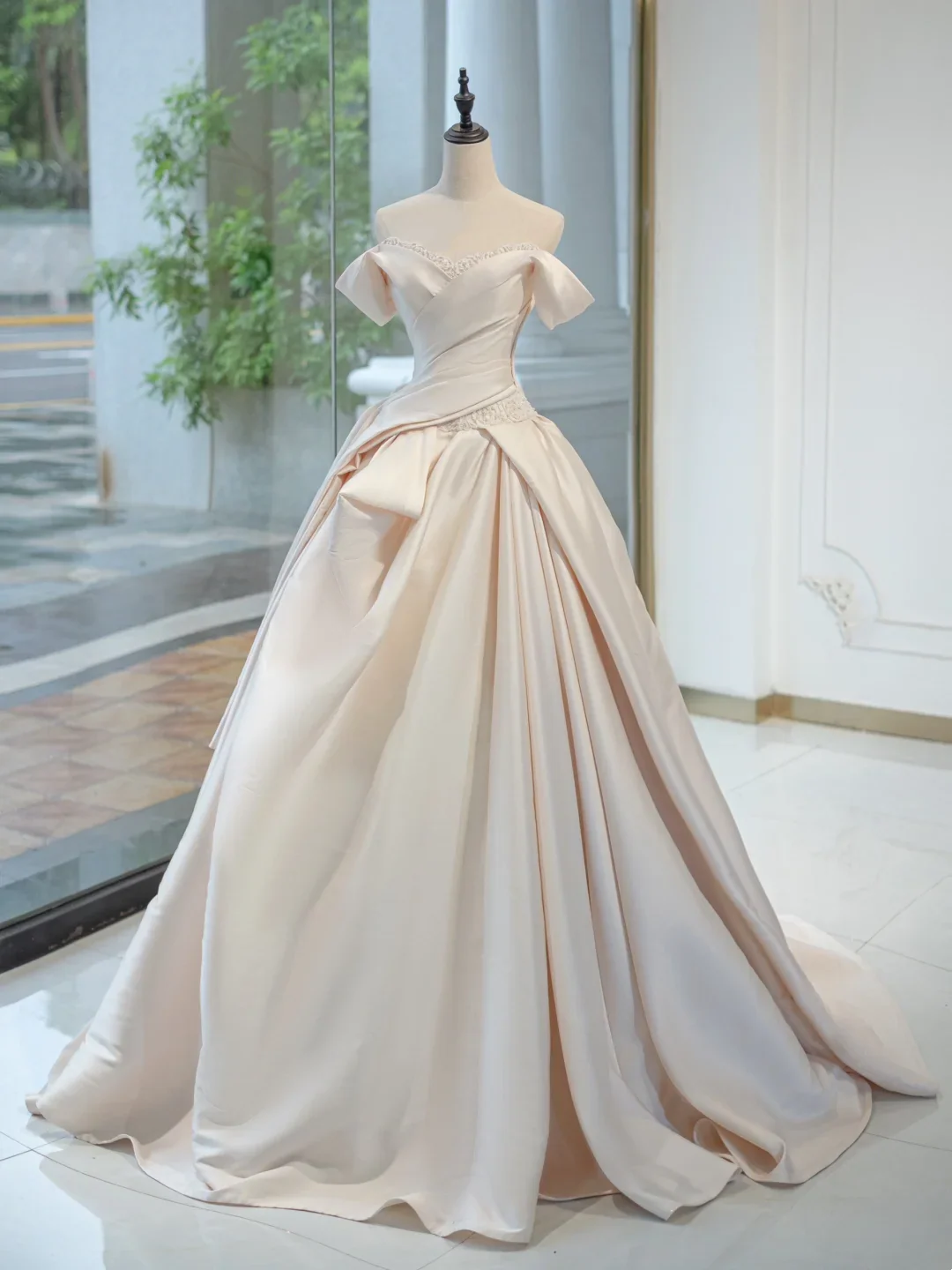 Timeless Bridal Gown Ball Gown Off The Shoulder Satin Long Light Pink Wedding Dresses Elegant Bridal Gowns DH732 - Deanwangkt