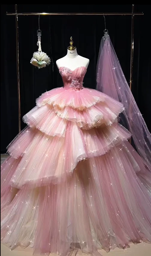 Fairy Ball Gown Pink Long Prom Dresses Strapless Tulle Sleeveless Pink Quinceanera Dresses Sweet 16 Dress DP3820 - Deanwangkt