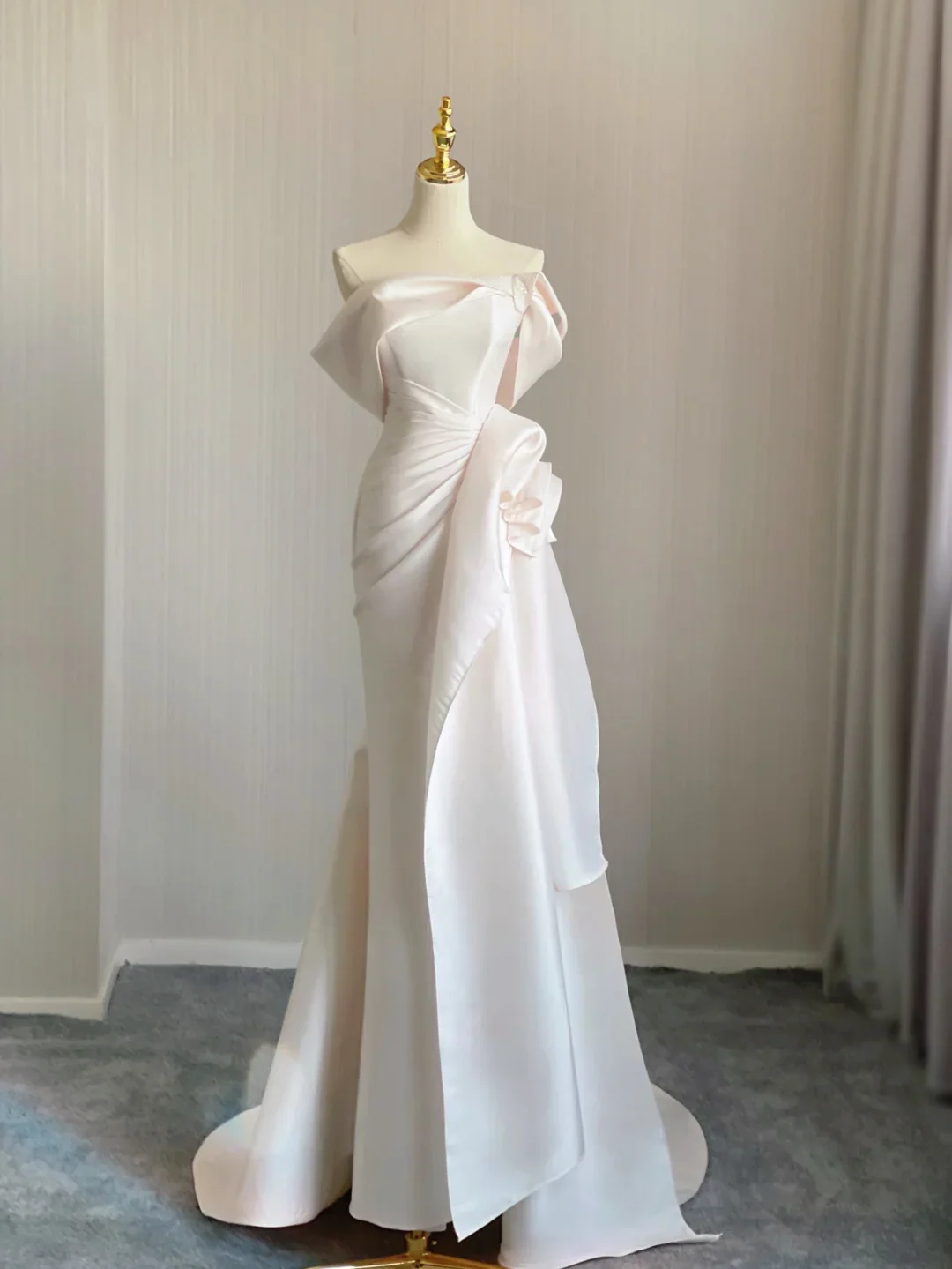 Unique Mermaid Off The Shoulder Ruffles Long Satin Pink Wedding Dresses Brides Dress DP344 - Deanwangkt