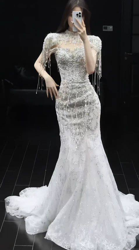 Gorgeous Mermaid Wedding Dresses with Train Beading Tulle Bridal Gowns Short Sleeve Bridal Dresses DP3353 - Deanwangkt